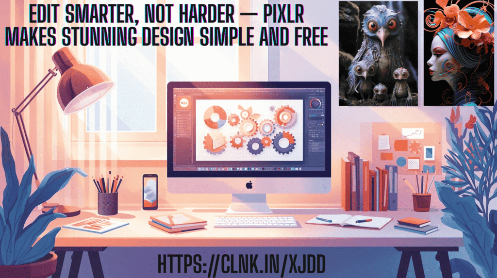 Designer editing an image with Pixlr’s online photo editor interface on screen.”
