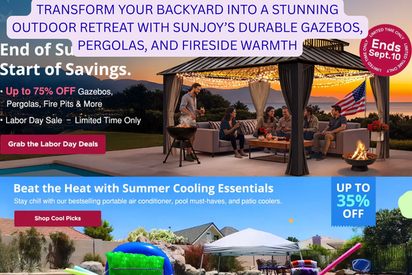 SUNJOY wooden gazebo in a cozy backyard setting with outdoor seating and warm evening lights