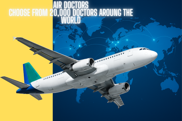 Traveler using a tablet in a cozy hotel room to search for a doctor online through Air Doctor