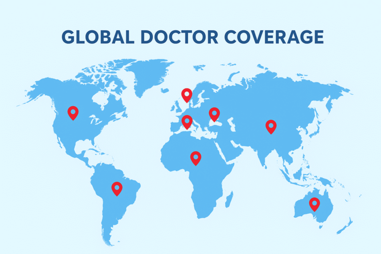 A world map with pins showing global doctor coverage