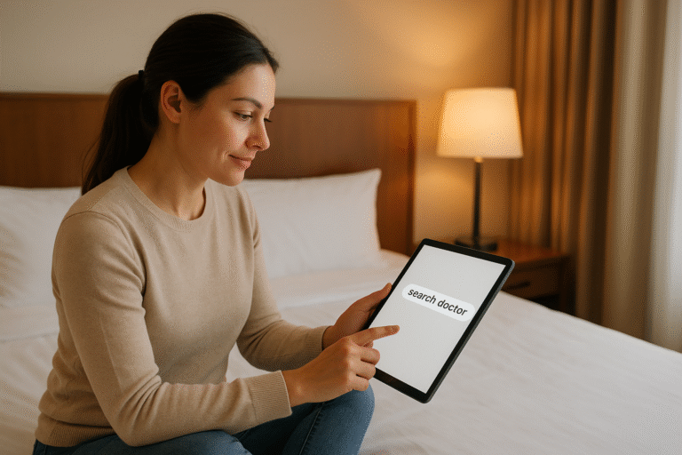 A traveler relaxing in a cozy hotel room, browsing for a doctor on a tablet