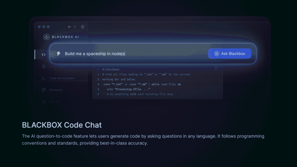 Blackbox.ai coding assistant interface showing AI-powered code suggestions and search features for developers