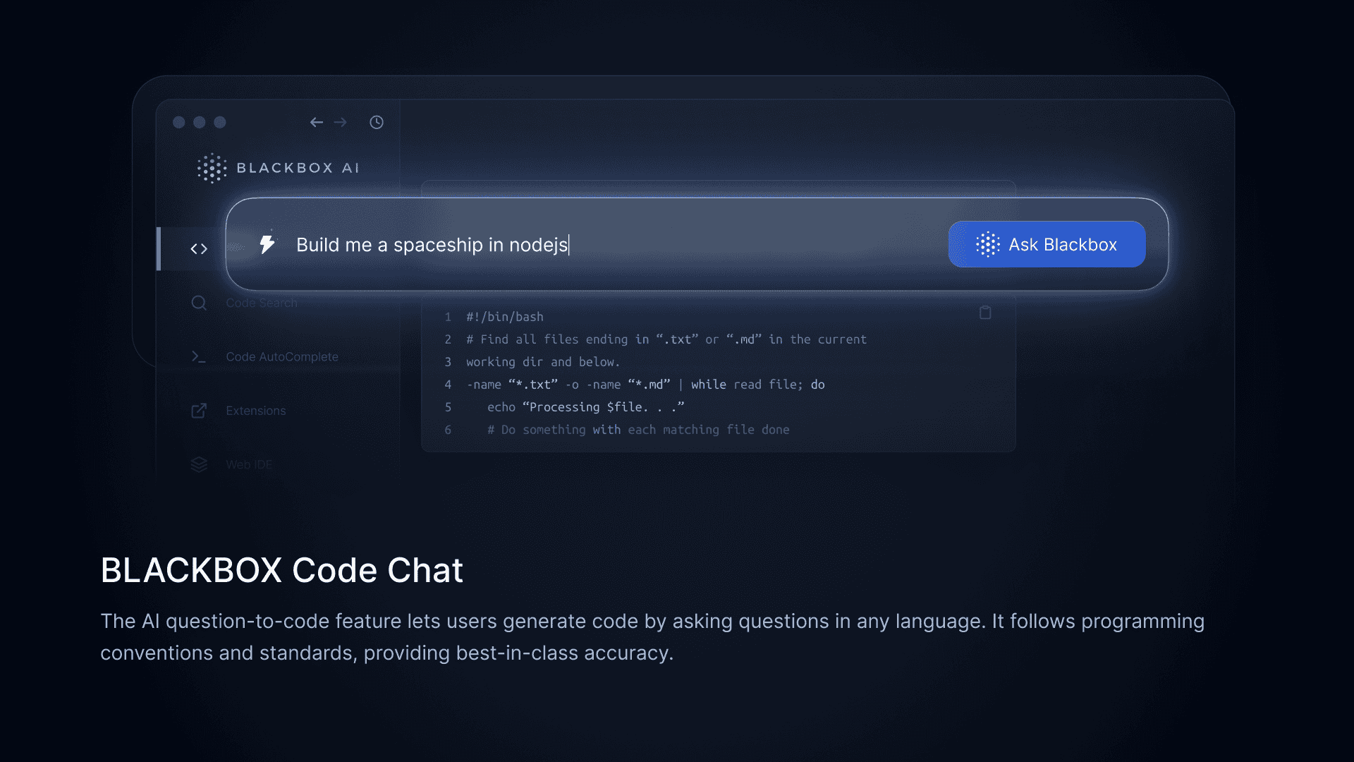 Blackbox.ai coding assistant interface showing AI-powered code suggestions and search features for developers