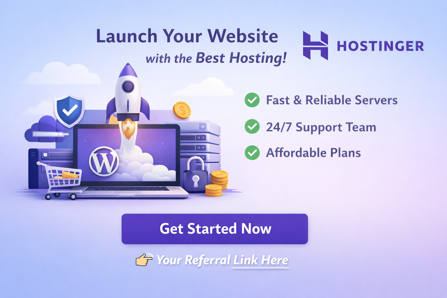 Hostinger web hosting service promoting fast, secure, and affordable website hosting for beginners and online businesses
